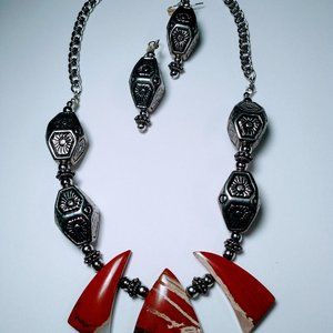Boho Red Jasper Stone Pendant and Silver Plated Nuggets Necklace and Ear…